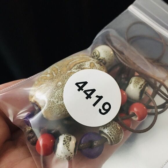 Tribal Boho Necklace Ceramic South West Leather Cord Red Blue Brown ooak 4419 - Picture 9 of 9